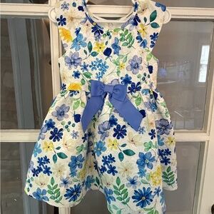 Bonnie Jean White Floral Dress with Blue Bow